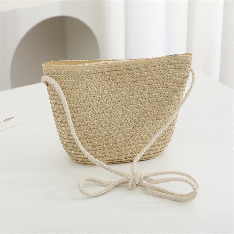 Summer Solid Color Straw Bag Shoulder Messenger Round Bag Children Versatile Outing Beach Bag Light Board DIY Round Weaving