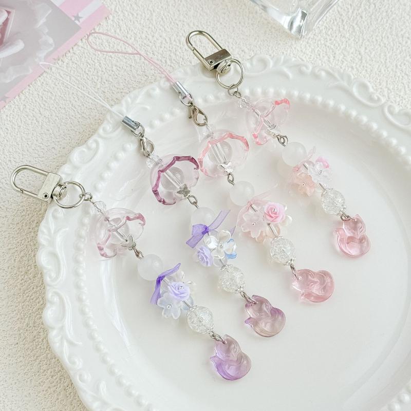 Elegant Wind Chime Flower Handmade Beaded Keychain Lovely Fox Mobile Phone Chain Lanyard Bag Pendant Friend Birthday Gift