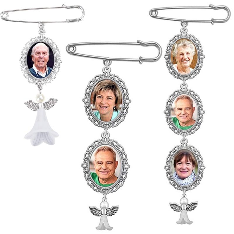 Wedding Bouquet Photo Charm Angel Pin Brooch Boutonniere Lace Frame for Wedding Shower Bride DIY Photo Pendant Brooch