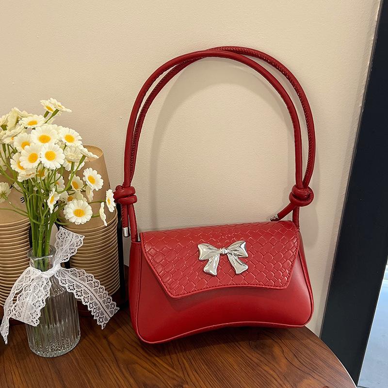 New high-end texture versatile temperament shoulder bag women's solid color bow trendy personalized casual messenger bag