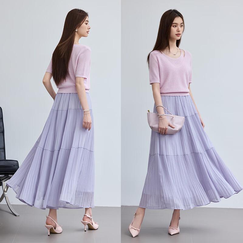 VICTORIA&VERA Women's Summer Pleated Chiffon Midi Skirt