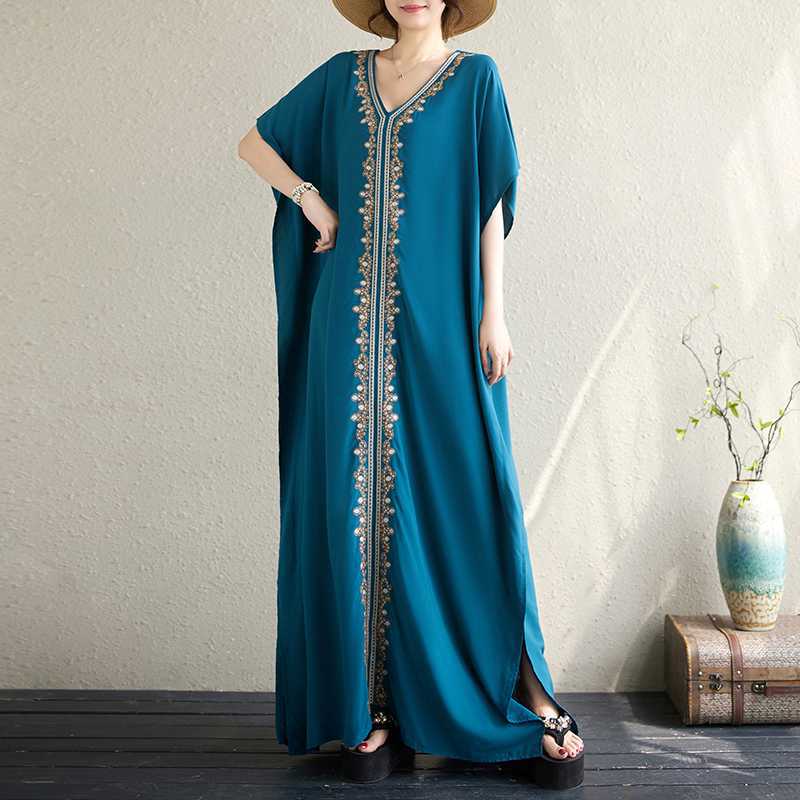 

Женское платье больших размеров с винтажной вышивкой и V-образным вырезом, рукавами «летучая мышь», макси-платье, летние свободные пляжные платья в стиле бохо для отдыха One Size синий