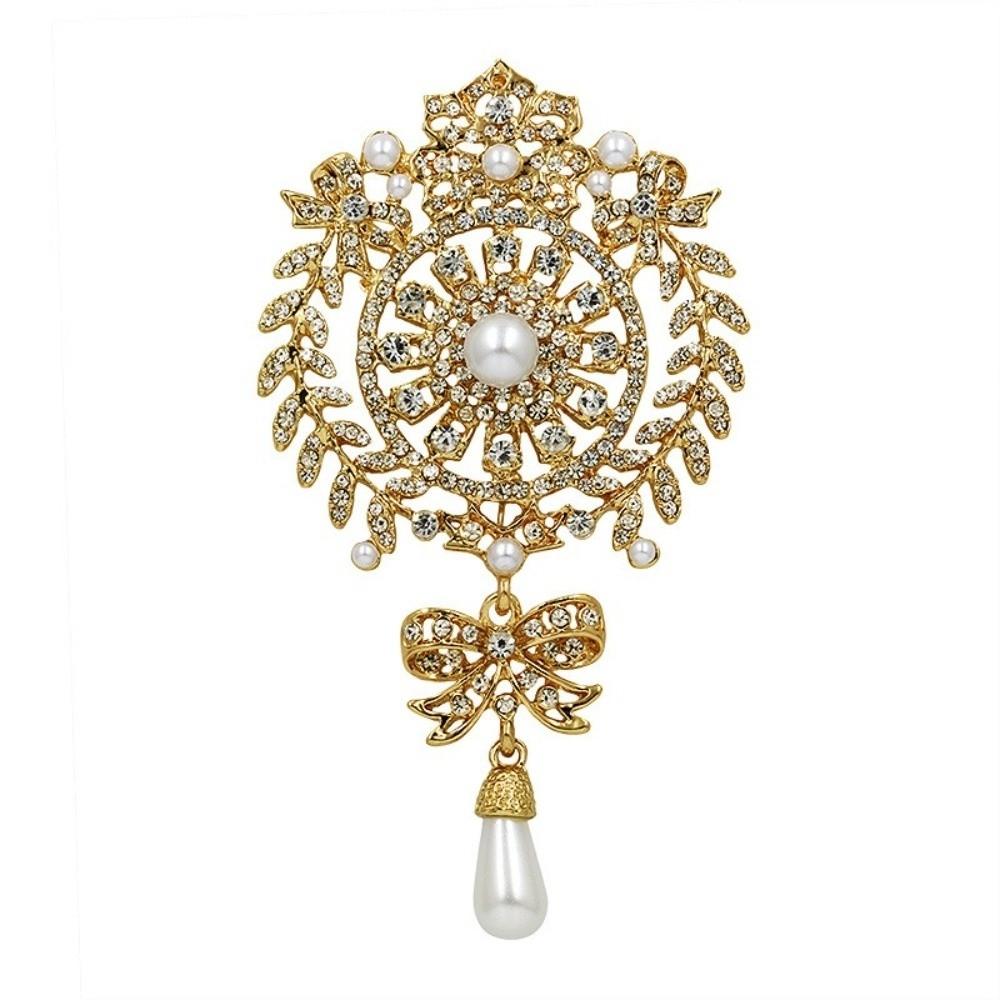 Elegant Shining Crystal Brooch Alloy Retro Style Rhinestone Lapel Pin Gold Silver Decorative Pearl Brooch Women's Fashion