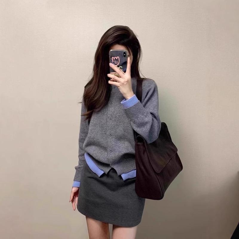 Серый вязаный кардиган-жакет в ленивом стиле, имитация двойки, для женщин, осень и зима, корейский свитер, контрастный дизайн, нишевый Onesize серый