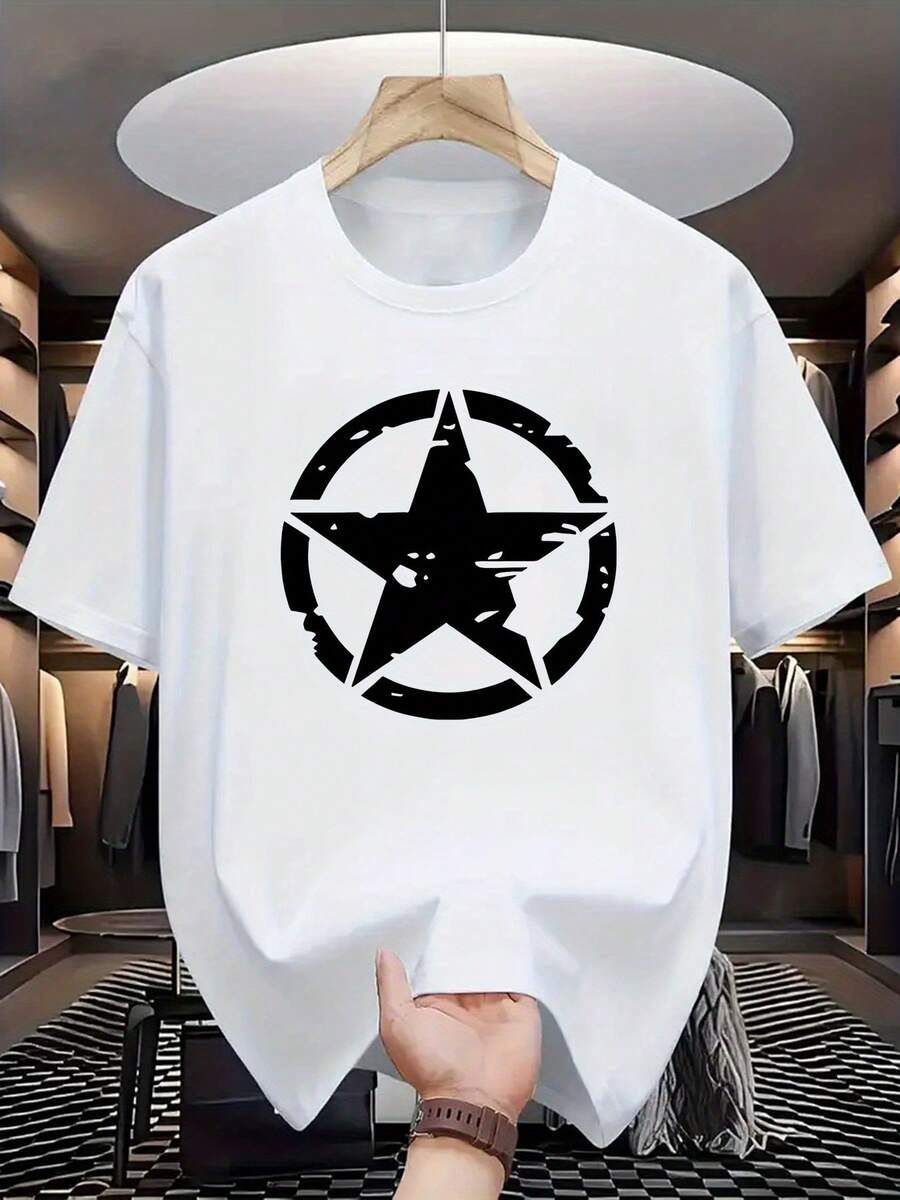 

Unisex S Casual Crew Neck T-Shirt With Geometric Five-Pointed Star Print S
