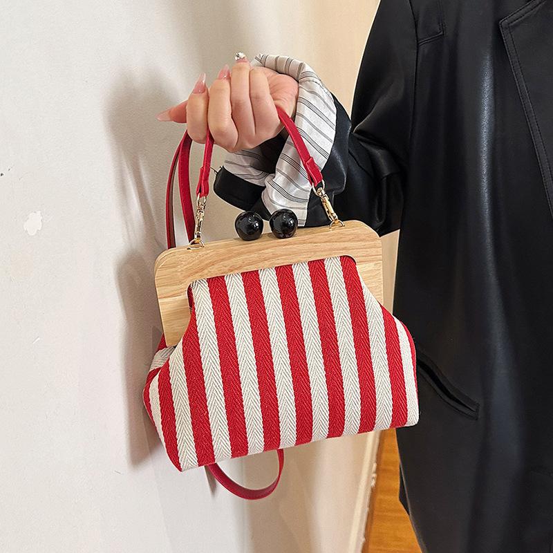 Stylish Striped Canvas Clutch for Women Wooden Clip Closure Exquisite Shoulder Crossbody Bag Daily Fashion Handbag for Women