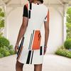 Women Plus Size Round Neck Short Sleeve White Orange Black Geometric Printed Fitted Mini Dress