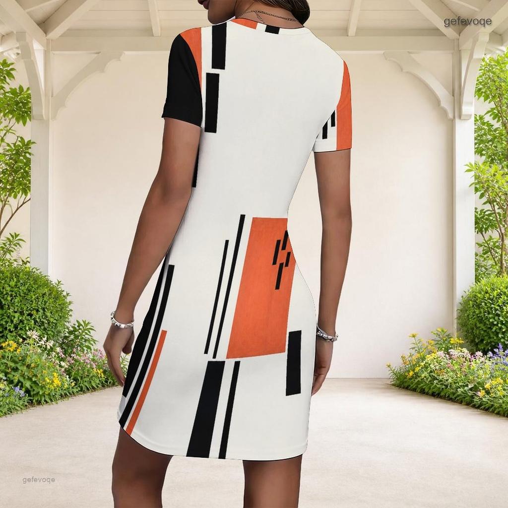 Women Plus Size Round Neck Short Sleeve White Orange Black Geometric Printed Fitted Mini Dress