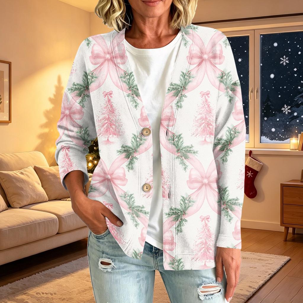Women's Casual Christmas Print Button Jacket, Outerwear for Holiday Parties and Daily Wear