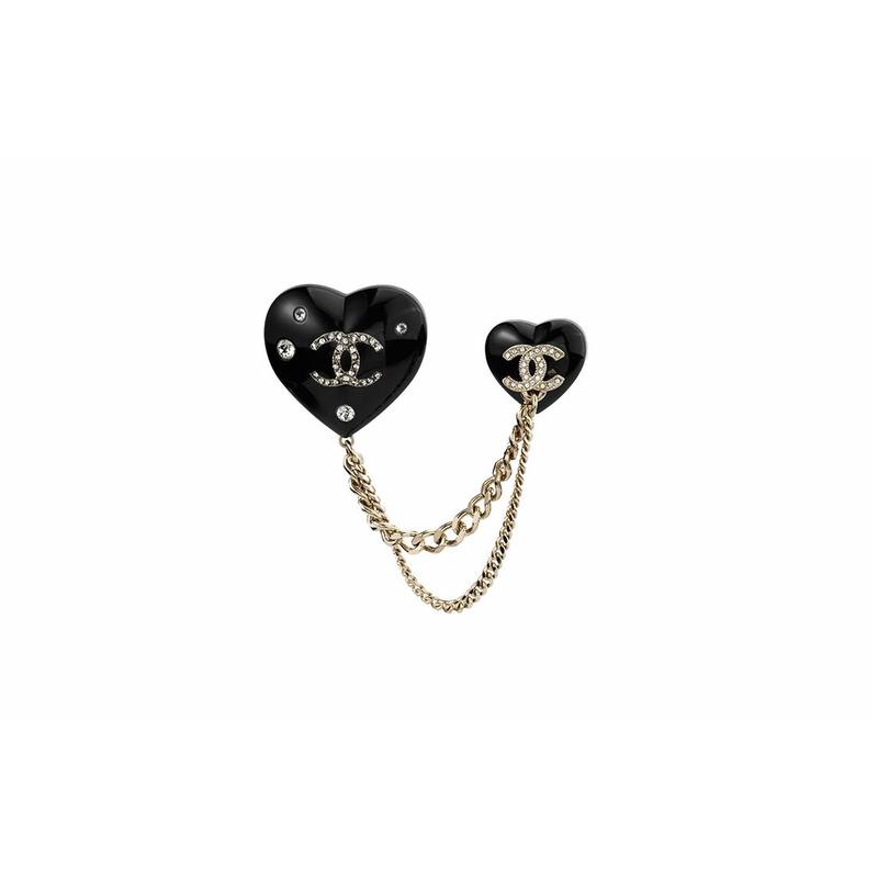 CHANEL Double Love Resin Metal Brooch Women's Black