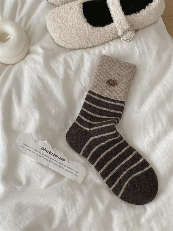 Egg Button Wool Socks Children'S Season Socks Striped Thickened Warm Stacking Socks Winter Confinement Socks