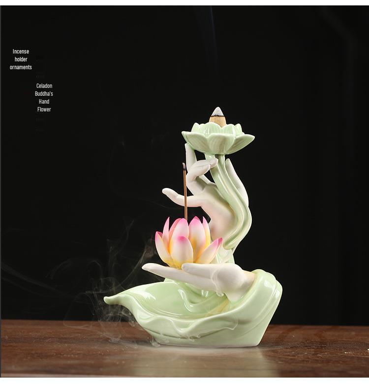 Zen Buddha Hand Ceramic Backflow Incense Burner with Light Ring and Heart Sutra Ornament for Indoor Decor