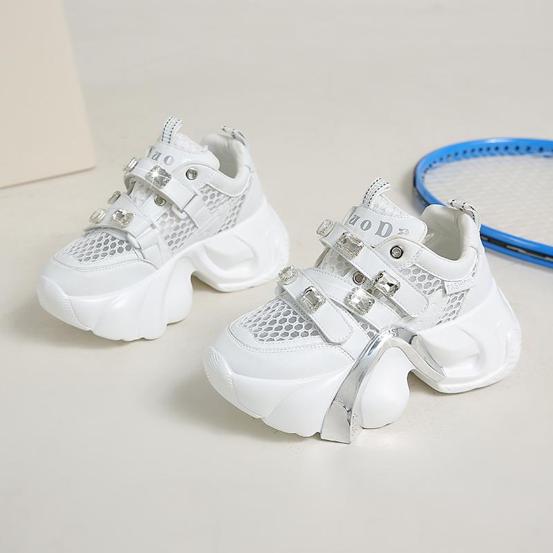Fashion 8CM High Platform White Shoes Women New 2025 Summer Breathable Mesh Crystal Chunky Sneakers Designer Thick Sole Sports Shoes