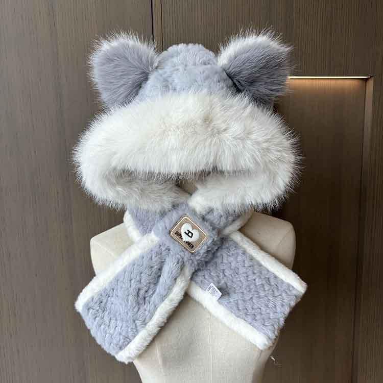 Winter New Bear Ears Women's Hat Scarf Integrated Two-piece Set Cute Plush Color Matching Student Cycling Ear Hat