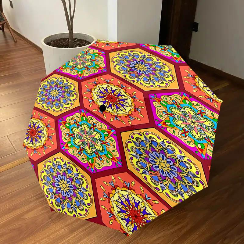 1PC Mandala PatternsAutomatic Open/Close Umbrella with Windproof, 8-Rib Sturdy Canopy, Durable Ribs, Fashionable Design, Outdoor Accessory, Fun Prin,