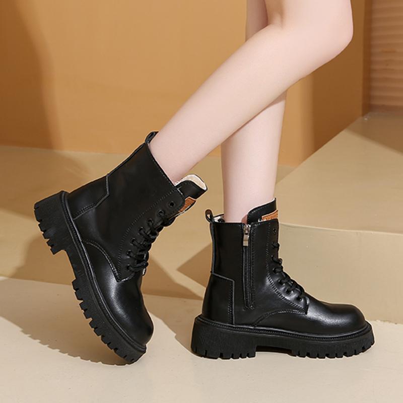 Warme Kurze Plüsch Pu Leder Stiefeletten Frauen Herbst Winter Plattform Kampfstiefel Frau Dicke Sohle Reißverschluss Schnürung Botas Mujer