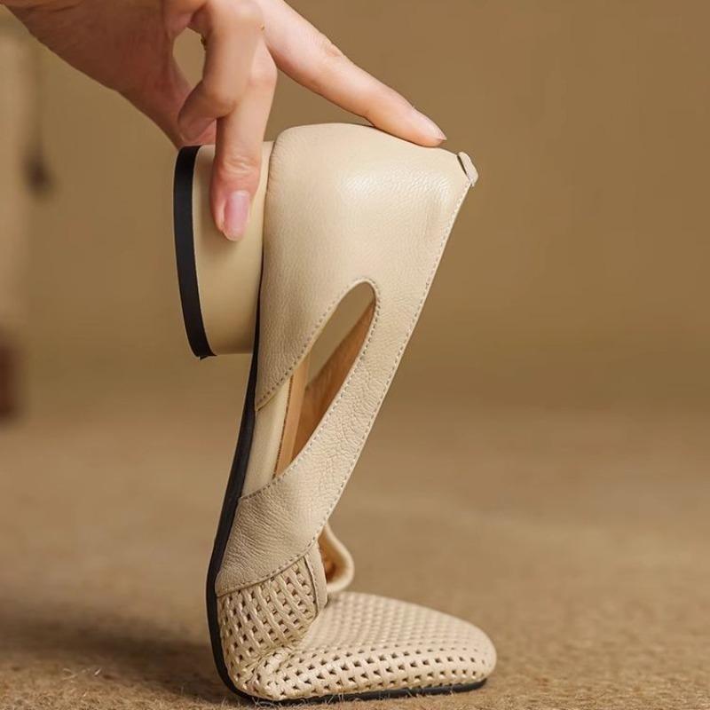 Heel Shoes Summer New Square Head Shallow Mouth Breathable Mesh A Slip-on Wear Resistant Hollow Round Heel Shoes