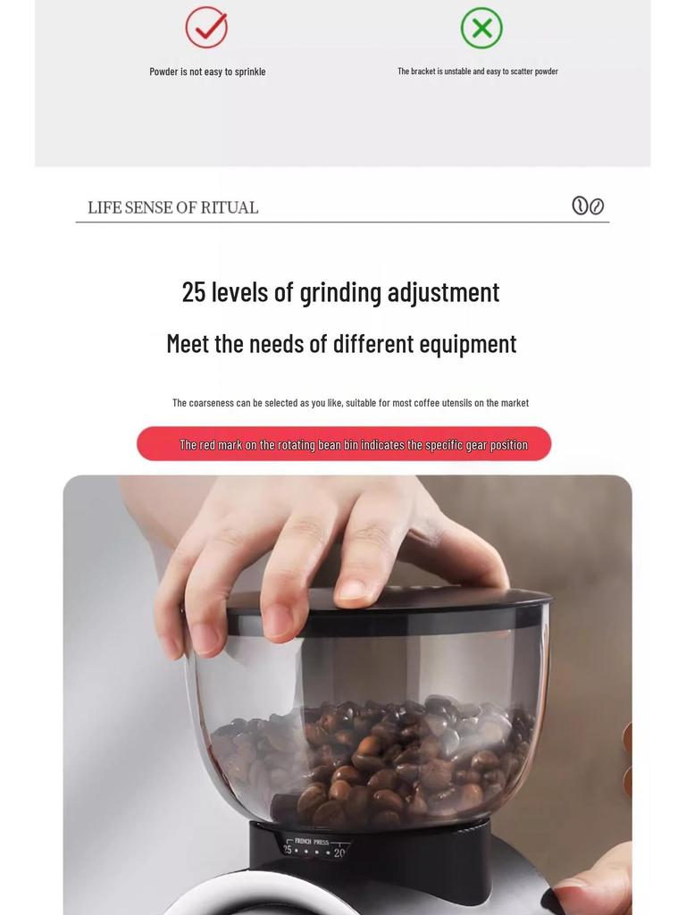 Adjustable Scale Electric Coffee Grinder with Steel Core for Italian Style and Hand Drip Brewing