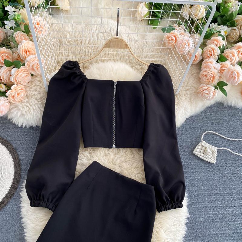 Autumn Retro Square Collar Temperament Bubble Sleeve Top Short High Waist Half-Body Skirt Celebrity Temperament Two-Piece Suit