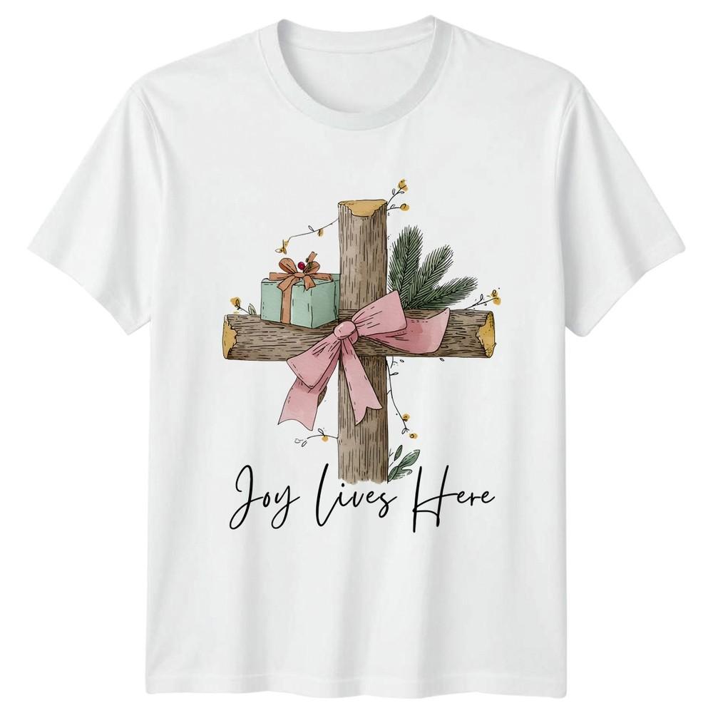 Joy Lives Here Christmas Holiday Cross Unisexs TShirt Unisexs Graphic Tee S