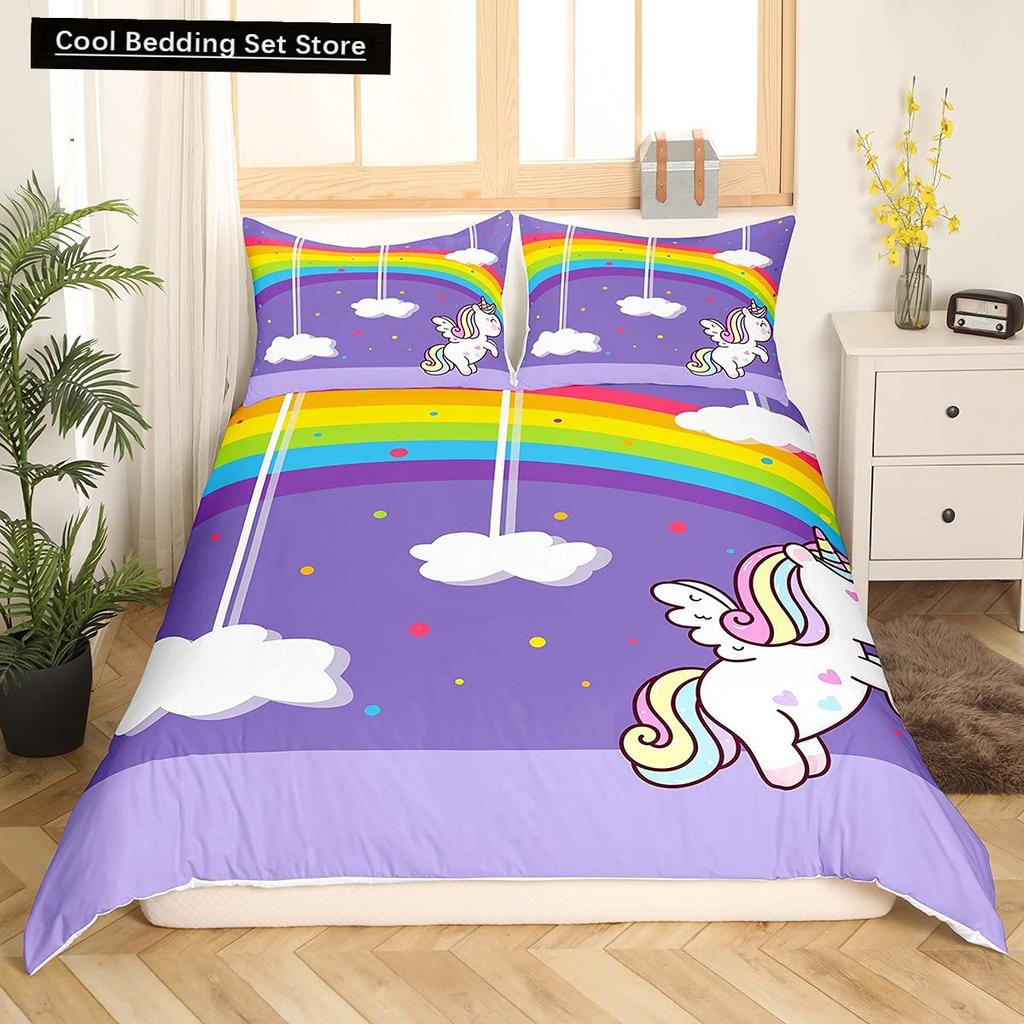 Kids Unicorn Stars King Queen Duvet Cover Cartoon Magic Animal Bedding Set Rainbow Shiny Quilt Cover Polyester Comforter Cover