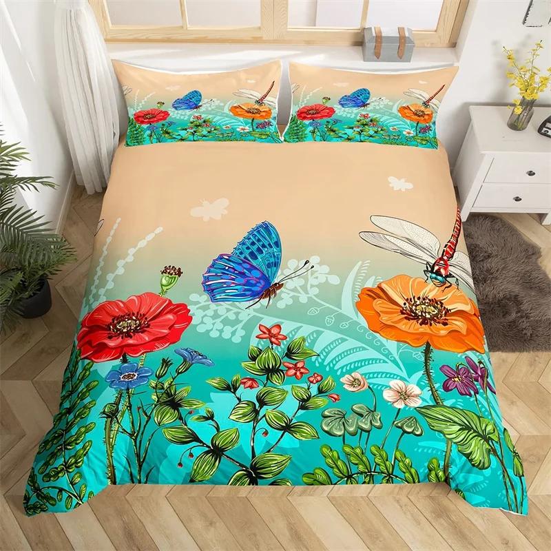 Dragonfly Duvet Cover King Butterfly Flower Leaves Bedding Set Microfiber Nature Animals Plants Quilt Cover For Teens Girls Room