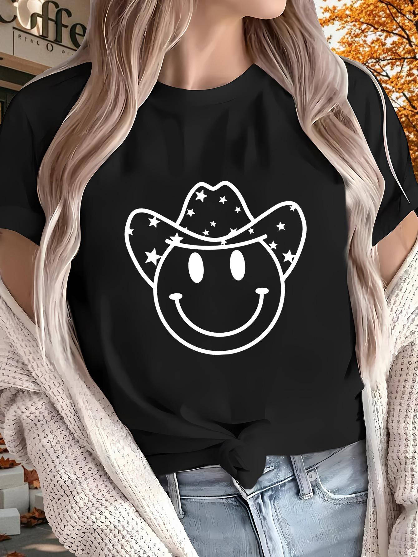 

Cute Smiling Face Wearing Hat Pattern Printed Summer Womens Top Short Sleeved Round Neck Womens Summer Clothing 4XL