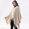 Solider Schwarzer Poncho-Umhang mit Fransen-Saum, Offene Vorderseite, Weicher Faux-Kaschmir-Wickelschal für Damen