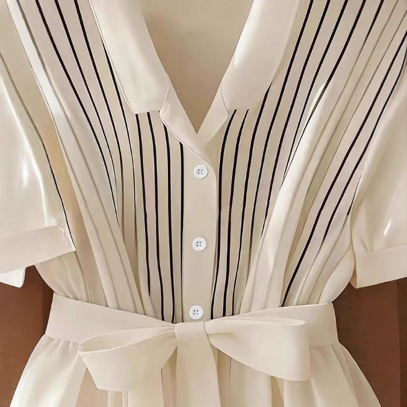 Summer New Women's Elegant Belted Striped Long-sleeved Shirt Ruffled Short-sleeved Top