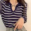 Lazy Style Loose Fitting Pullover Long Sleeved Knitted Sweater Women's Contrasting Striped Short Top