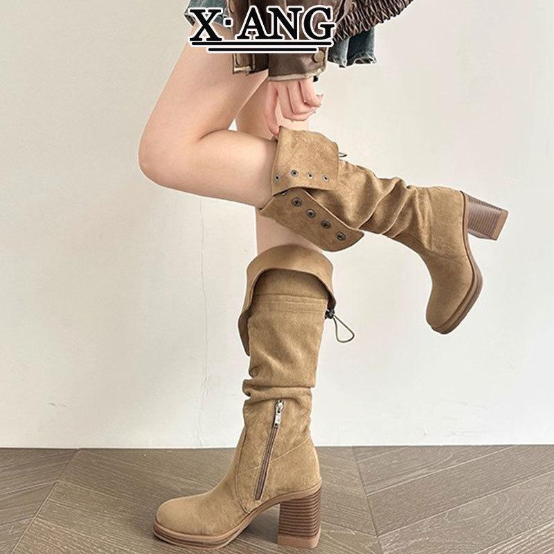 

Leather but knee high boots Children s long boots can be folded twice, pleated pile boots High heel thick heel knight boots 40