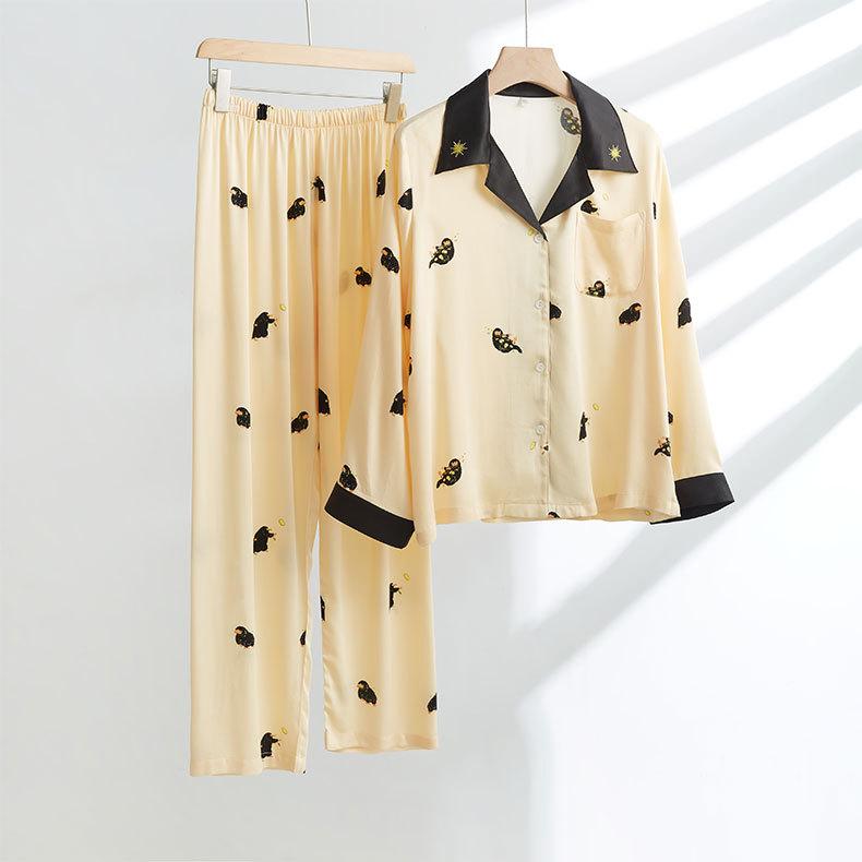Summer cool human cotton satin pajamas, women's comfortable skin-friendly suit cartoon printed neckline embroidered loungewear