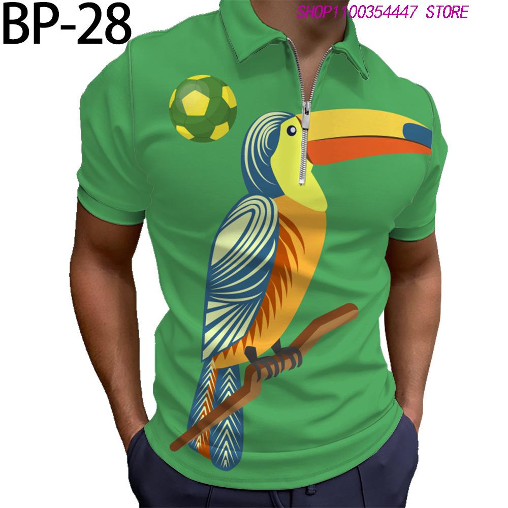 Brazil Flag Print Short Sleeve Zip Polo Shirt, Casual Wear