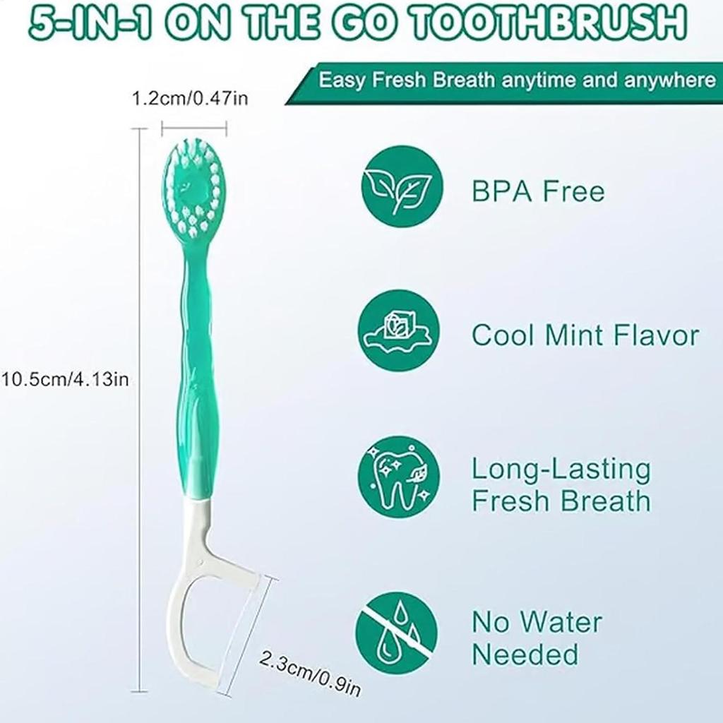 26pcs 5-in-1 Pre-Pasted Travel Toothbrush Disposable Toothbrush with Toothpaste Floss Toothpick Tongue Scraper for Adults & Kids