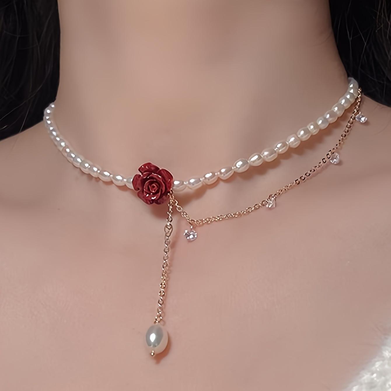 

1 шт. Ожерелье на День святого Валентина с красной розой и искусственным жемчугом, цепочка золотистого тона, элегантная женская бижутерия для вечеринки, свадьбы, подарка красный