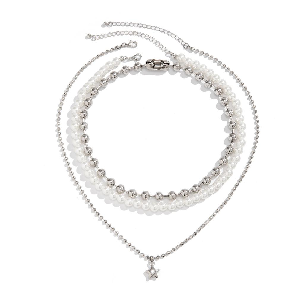 Mixed Color Holiday Style Imitation Pearls Necklace Creative Star Pendant Beaded Necklace