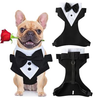 Abito da sposa formale per cani con guinzaglio Anello di fissaggio Nastro Chiusura con fibbia Papillon nero Imbracatura pettorale traspirante Cani Tuxedo Abito da festa di nozze