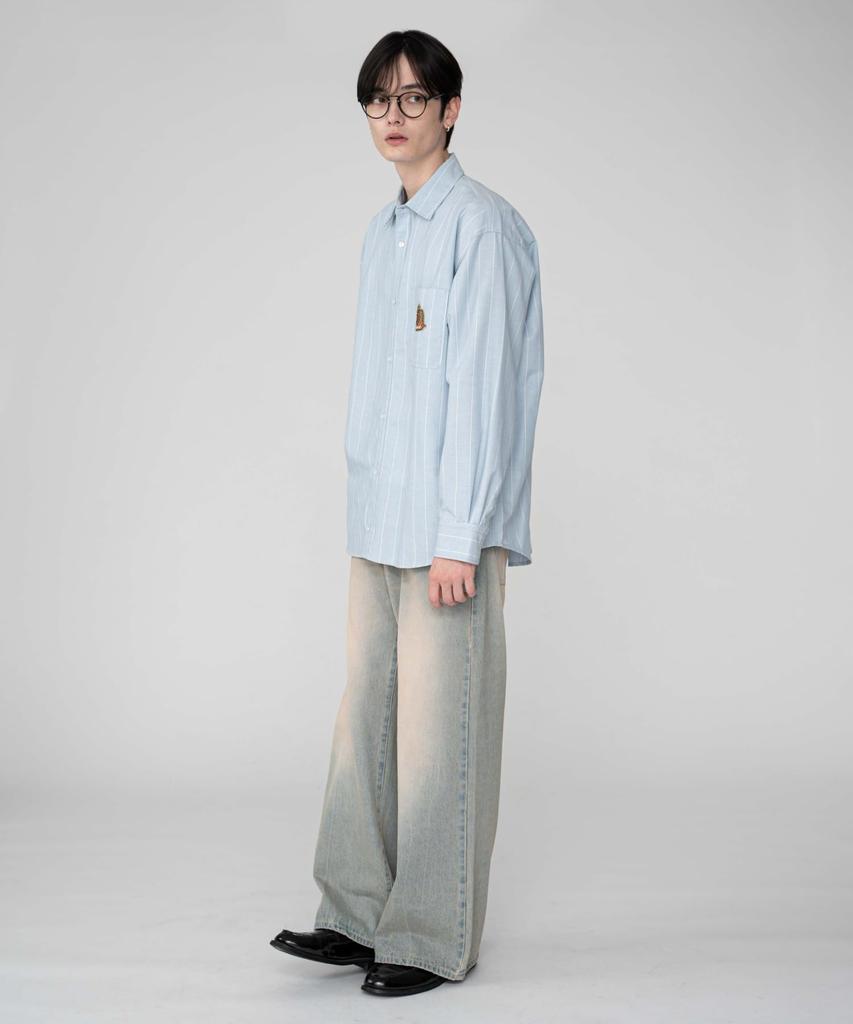 WEGO Blue Striped Oxford Emblem Long Sleeve Perfect for Fall and Size M Men's Shirt, Winter, Casual, Oversized, Gift,