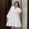 Women Casual V-neck Solid Color Long Sleeve Dress
