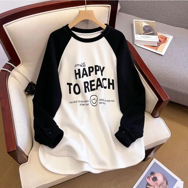 Plus Size Women's Spring Autumn Fleece-Lined Thickened Sweatshirt Loose Korean Tops Long Sleeve Casual Hoodie T-shirts