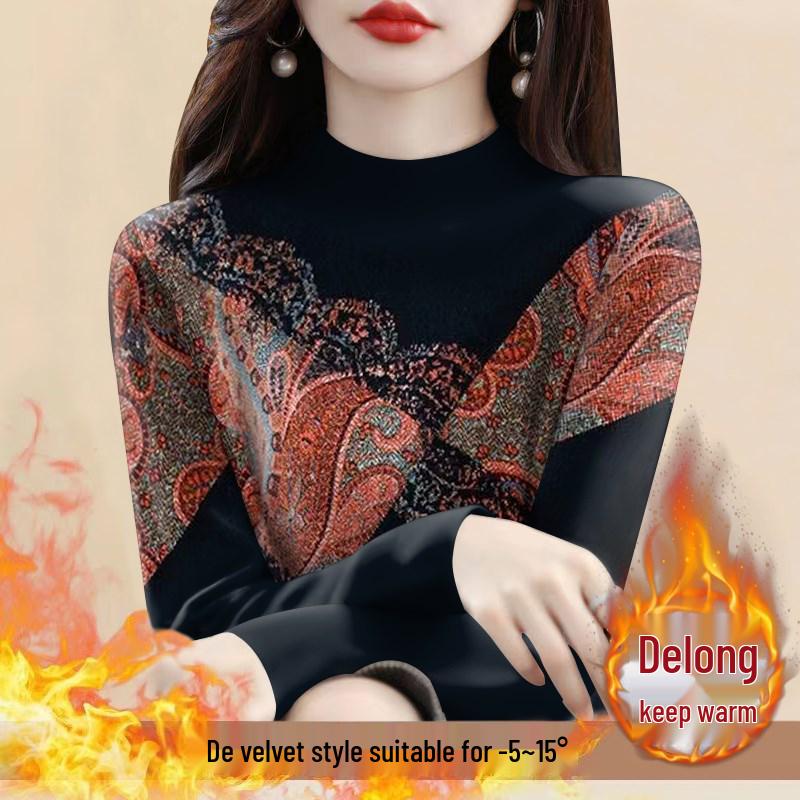 Women's Plus Size Fleece Lined Semi-High Neck Long Sleeve T-Shirt