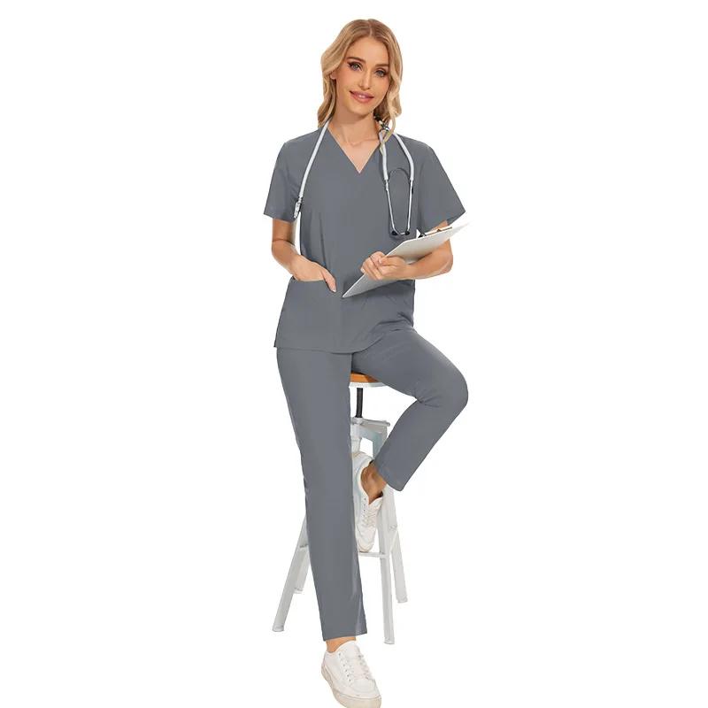 

Медицинские халаты для женщин - топ и брюки с V-образным вырезом и 2 карманами, эластичная ткань, легкая в уходе униформа S серый