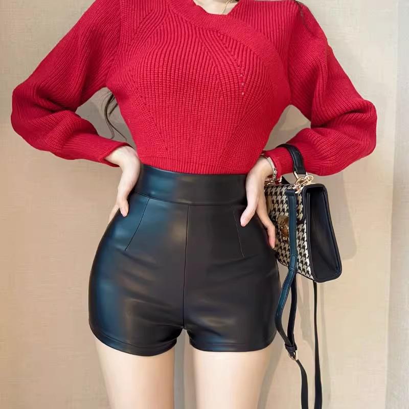 

Женские шорты из черной кожи с высокой посадкой - Корейский стиль, Осень/Зима, Эластичные, Сексуальная повседневная одежда для танцев 2XL чёрный