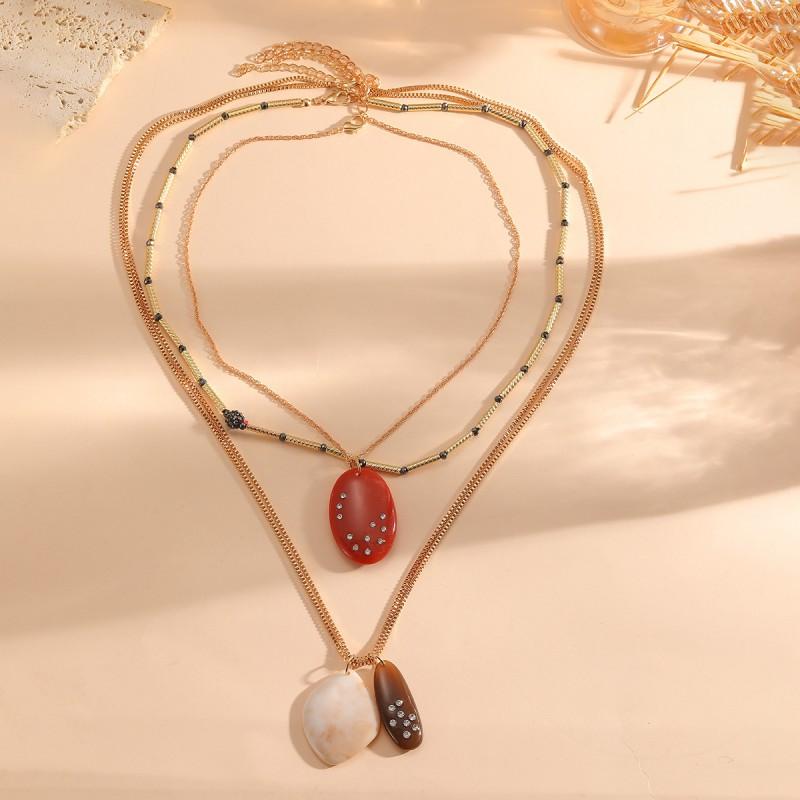 Layered Geometric Resin Pendant Necklace Women Zinc Alloy Chain Minimalist Chic Statement Jewelry