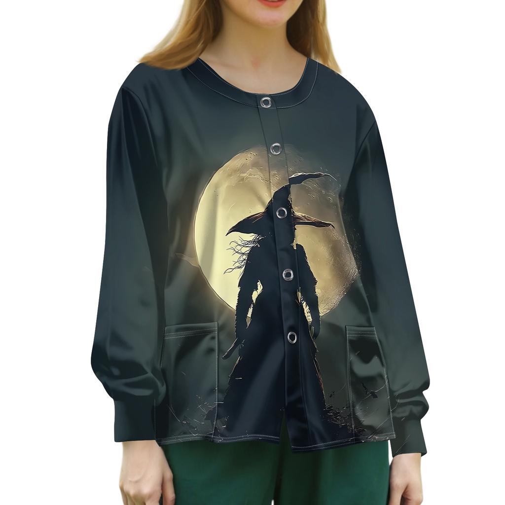 Women's Casual Long Sleeve Single Breasted Cardigan Halloween Print Medical Scrub Jacket Lightweight Button Up Top for Healthcare