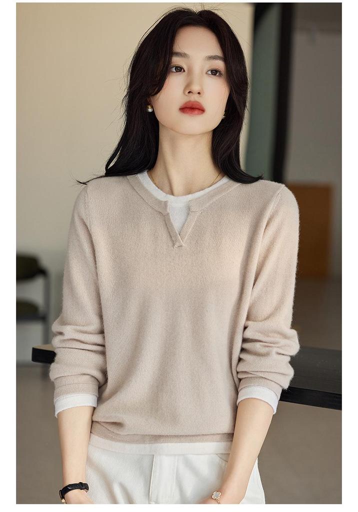 Women's V-Neck Color Block Wool Sweater: Autumn/Winter Fake Two-Piece Knit Design
