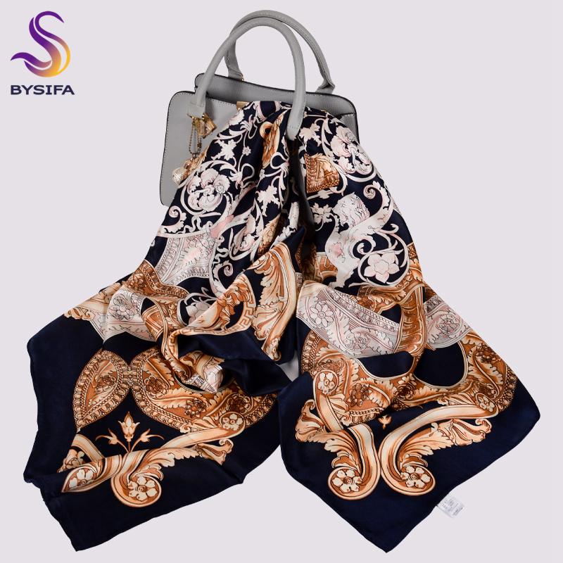 BYSIFA|Winter Ladies' Scarves Hijabs Elegant Navy Blue Square 100% Silk Neck Scarf Printed Constellation Design Scarves110*110cm