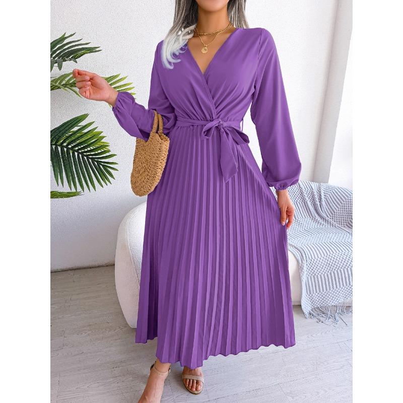 VEZFAA Women's Fashion Summer Spring Solid Color Print Long Sleeve V-Neck High Waist Casual Dresses