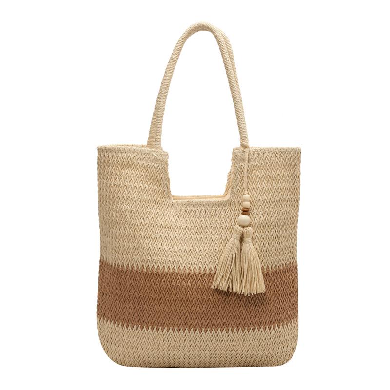 Woven Straw Tote Bag for Women Summer Beach Handbag with Tassel Decor Fashion Casual Carryall