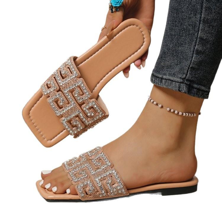 Europe, America 2025 Summer New Rhinestone Slippers Flat Slippers Women's Casual One-word Sandals Beach Shoes